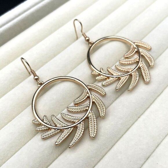 Yellow Gold Round Circular Open Hoop Fern Leaf Dangling Drop Hook Earrings - Picture 4 of 8